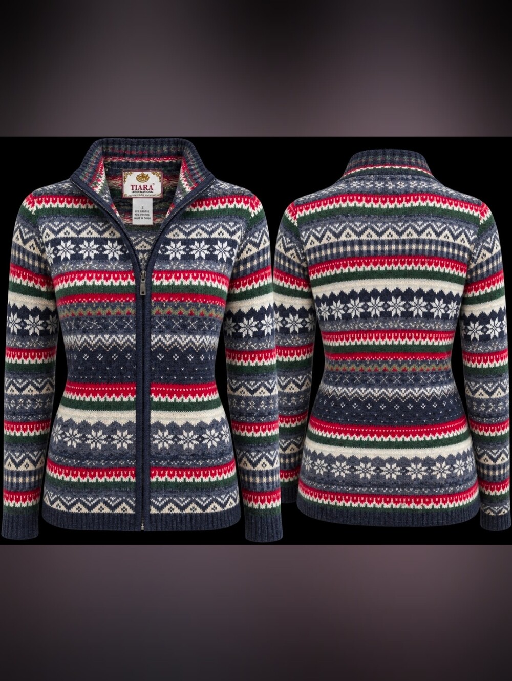 Vintage Y2K Tiara International Fair Isle Nordic Christmas Zip Sweater S